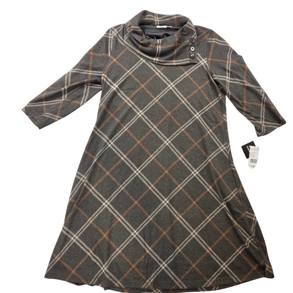 Sandra Darren Gray Plaid Turtle Cowl Neck 3/4 sleeve Dress Fall Winter Wm L  NWT